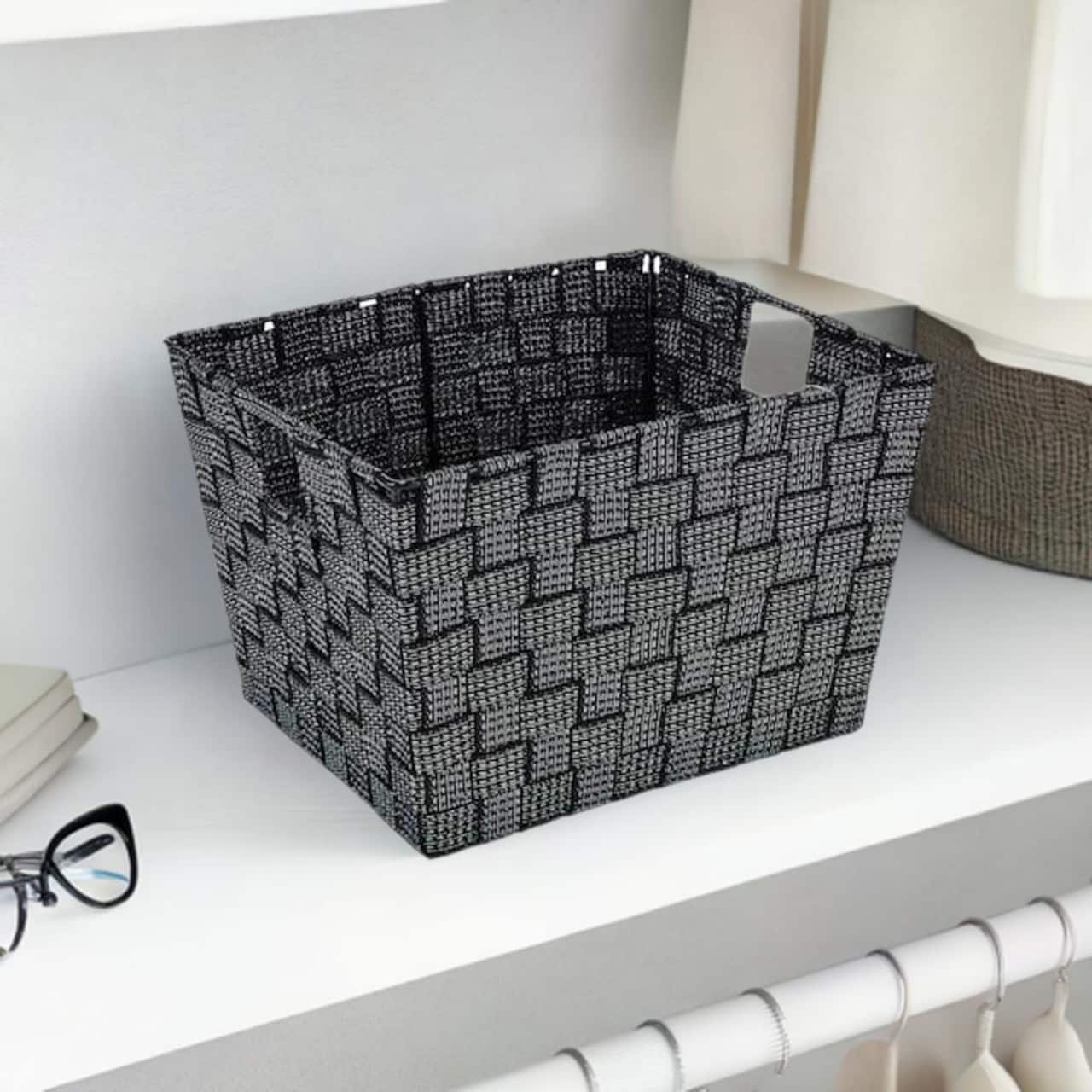 Simplify Medium Black/Silver Lurex Striped Woven Storage Bin